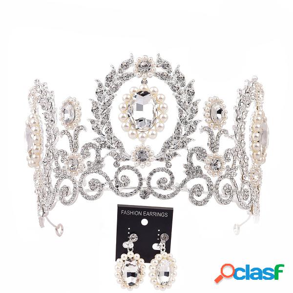 Barroco Coroa Tiara Brincos Conjunto de Jóias de Casamento