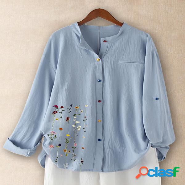 Blusa de mangas compridas flor impressa gola para mulheres