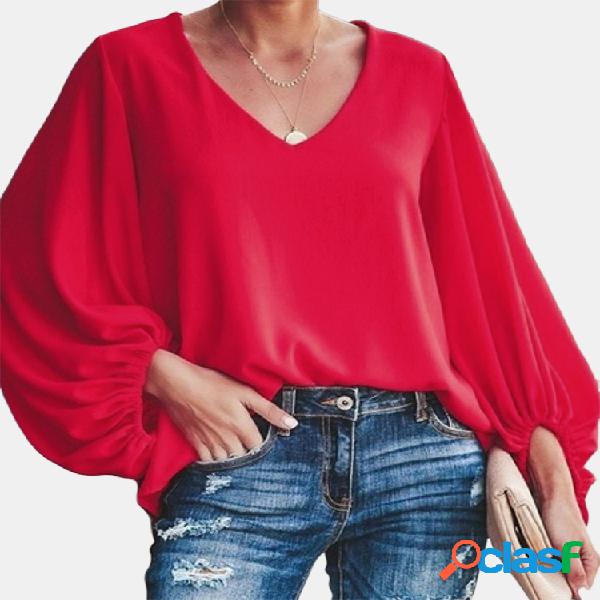 Blusas de cor sólida com lanterna com decote em v Plus