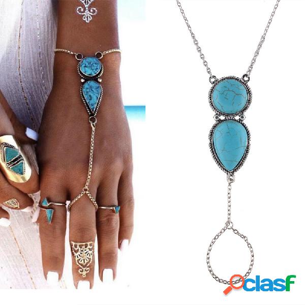 Bohemian Cadeia Pulseira com Dedo Gota De Água Turquesa
