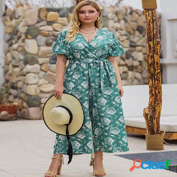 Bohemian Print Jumpsuit manga curta Plus tamanho