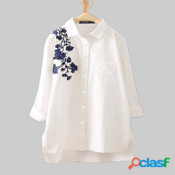 Bolso de impressão floral manga longa Plus tamanho Camisa