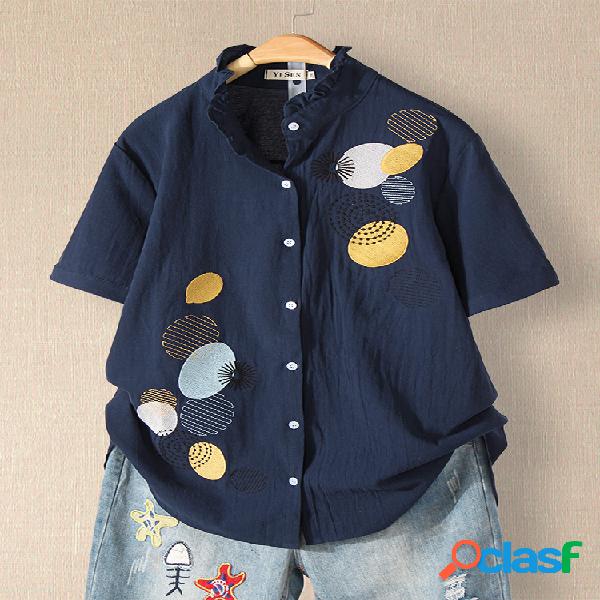 Bordado com Babados Manga Curta Plus Tamanho Camisa