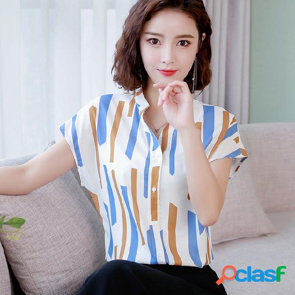 Camisa casual de manga curta listrada com chiffon solto