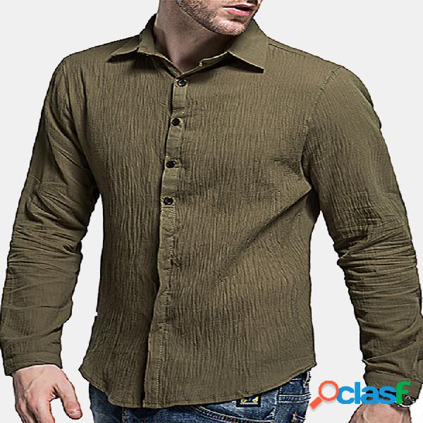 Camisa de Linho Fina Casual Masculina Cor Sólida Manga