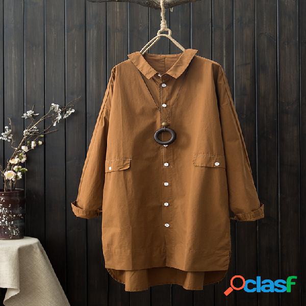 Camisas de lapela manga longa cor sólida Vintage