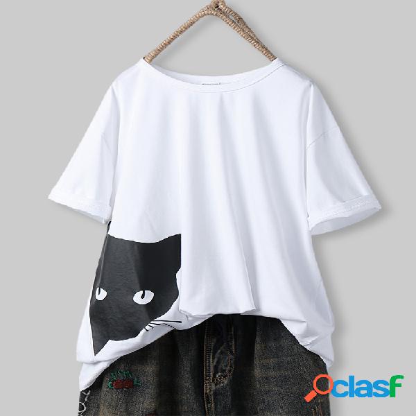 Camiseta Gato Estampado Casual Feminina