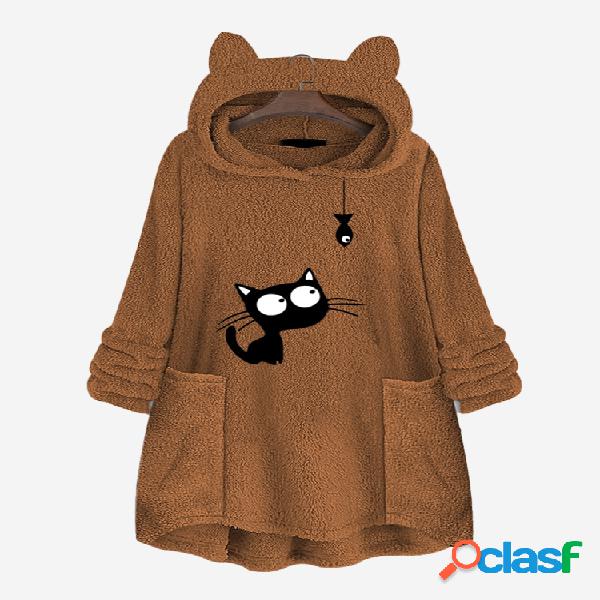 Casuais gato peixe imprimir bolsos hoodies para mulheres