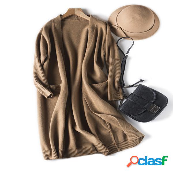 Casual Loose Brief Solid Color Bolsos Mulheres Long