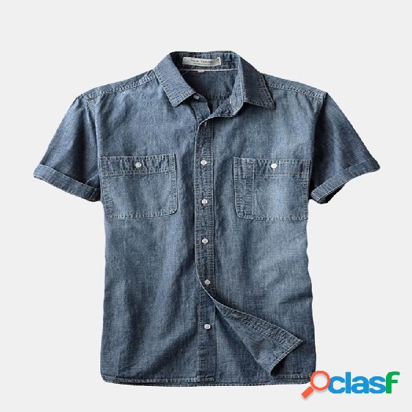 Casual Multi Bolsos Costura 100% Algodão Denim Camisas de