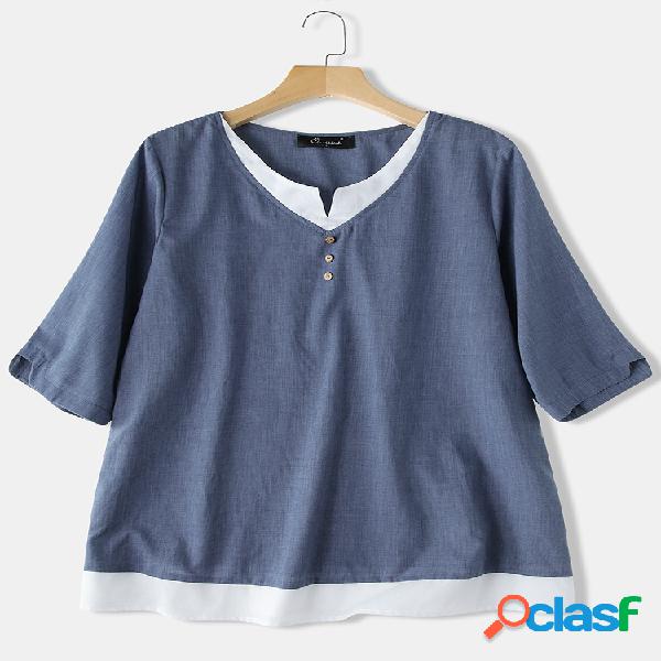 Casual Patchwork manga curta Plus blusa de tamanho