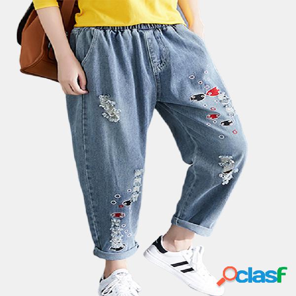 Cintura elástica bordada peixe rasgado Jeans para mulheres