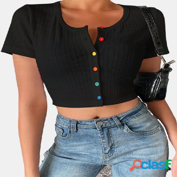 Colorful Blusa de manga curta de botão de cor sólida para