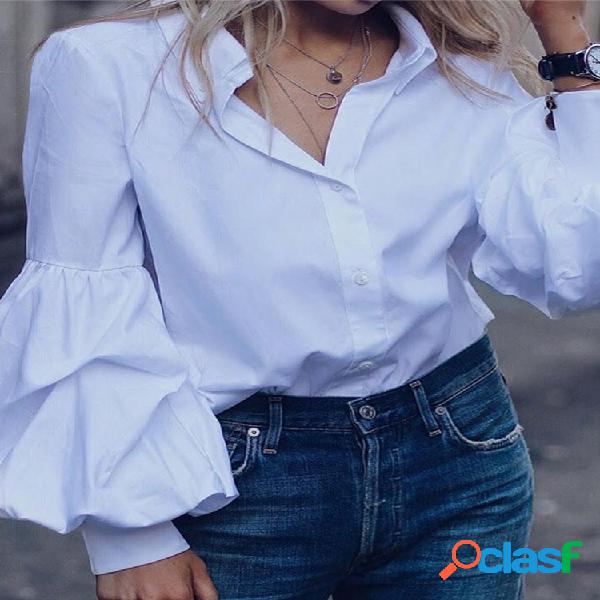 Cor sólida Turn Down Collar Button Down Bishop Blusa