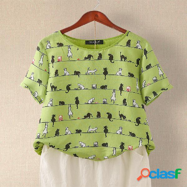 Cute Cat Print Casual Mulheres T-shirt de manga curta