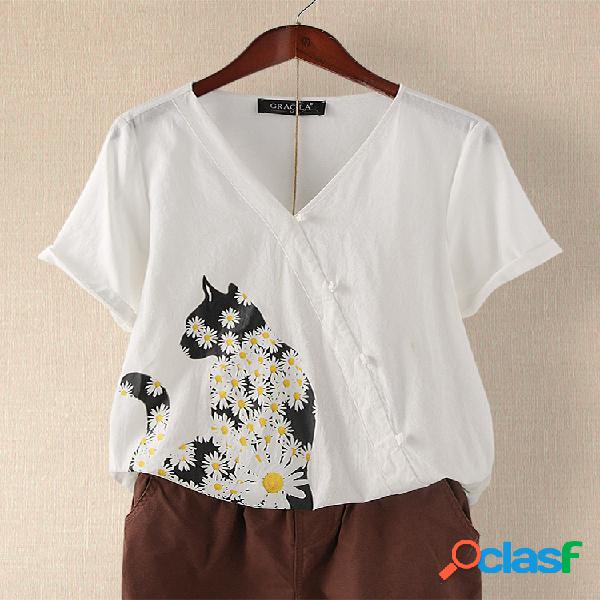 Daisy Cat Print Frog Button Blusa de manga curta para