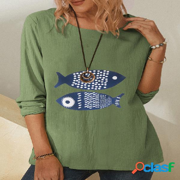 Desenhos animados Fish Print manga comprida O-pescoço Blusa