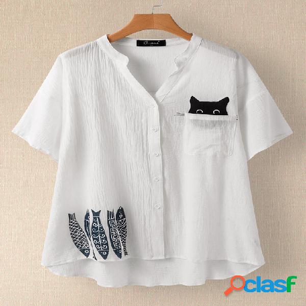 Desenhos animados peixes gato imprimir decote em v Plus