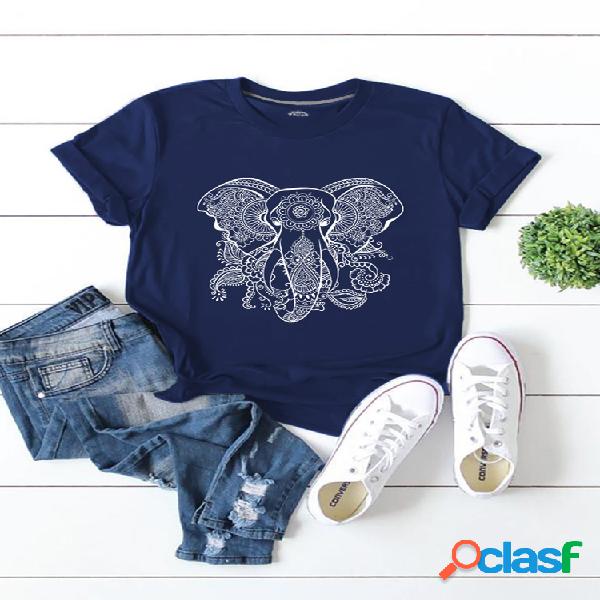 Elefante impresso manga curta O-pescoço T-shirt para as