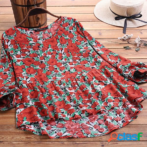 Floral Print Crewneck Plus Blusa tamanho para mulheres