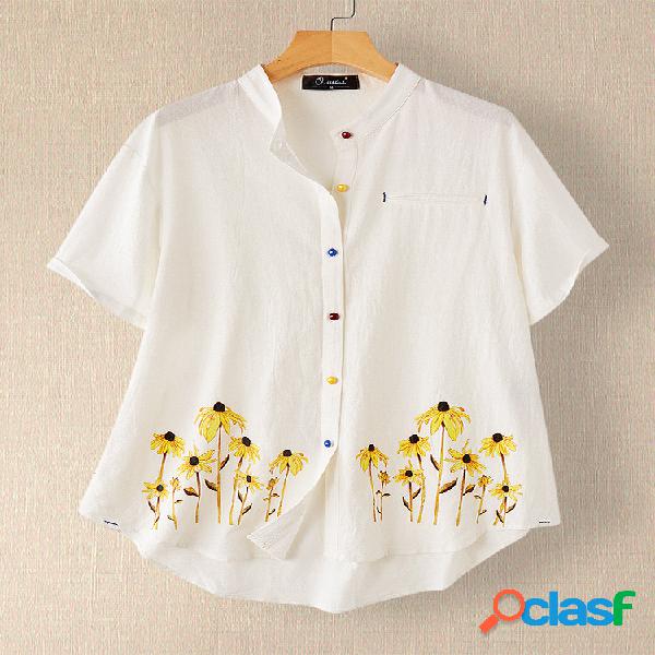 Flores Imprimir Colorful Botão Plus Tamanho Camisa