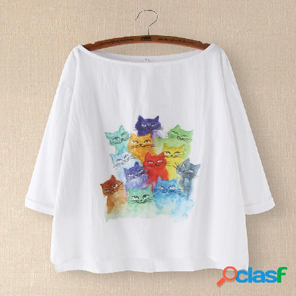 Gato de desenho animado Irregular O-neck Plus Tamanho