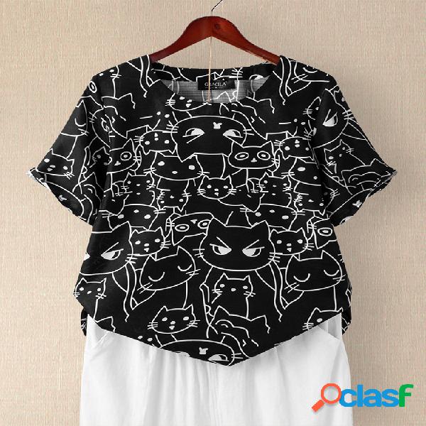 Gato impresso O-pescoço Overhead manga curta Casual Camisa