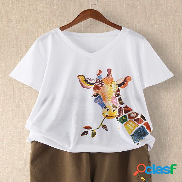 Girafa impresso manga curta com decote em v t-shirt para as