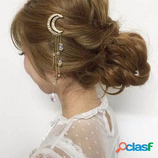Grampo de Cabelo do vintage Lua Estrelas Strass Tessals
