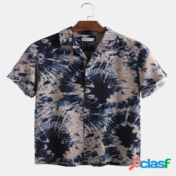 Homens 100% Algodão Tie-Dye Print Casual Loose Lapel Manga