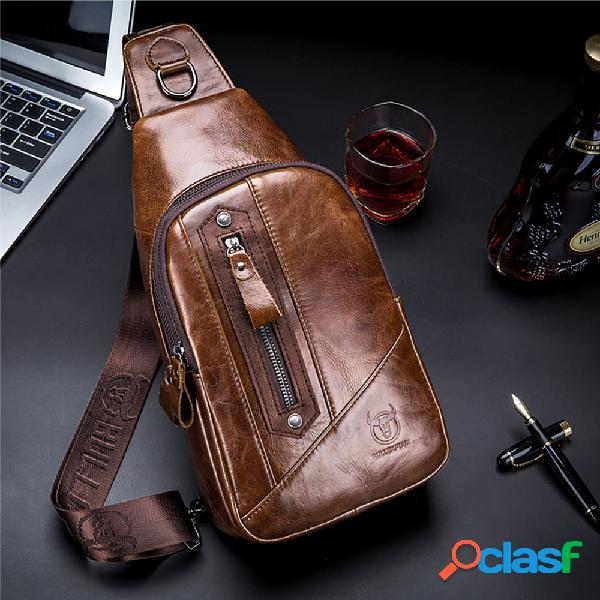 Homens Couro Genuíno Peito Bolsa Sling Bolsa Sólido