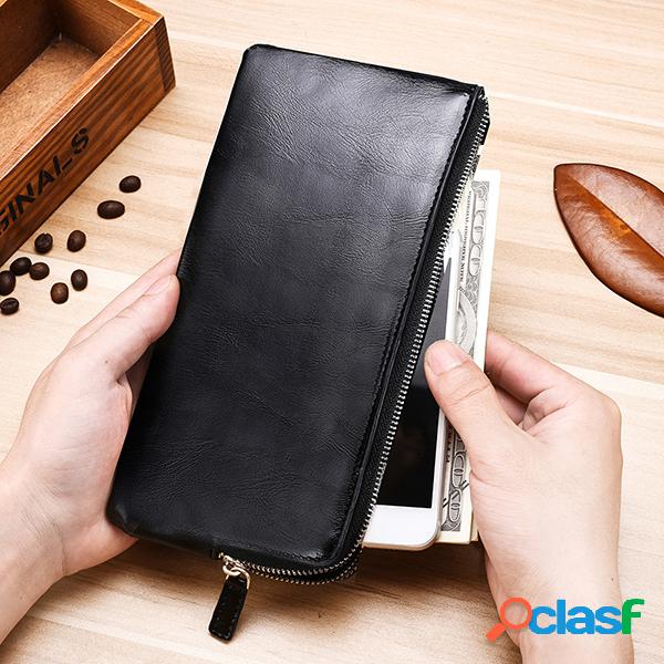 Homens Couro Genuíno Slim Multi-função Long Wallet Card