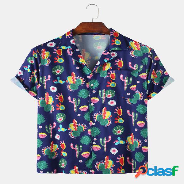 Homens Fun Cartoon Cactus Print Praia Casual Camisa