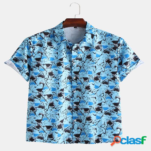 Homens Fun Shark Print manga curta havaiana Camisa