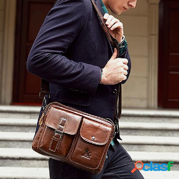 Homens Sólidos Couro Genuíno Crossbody Bolsa