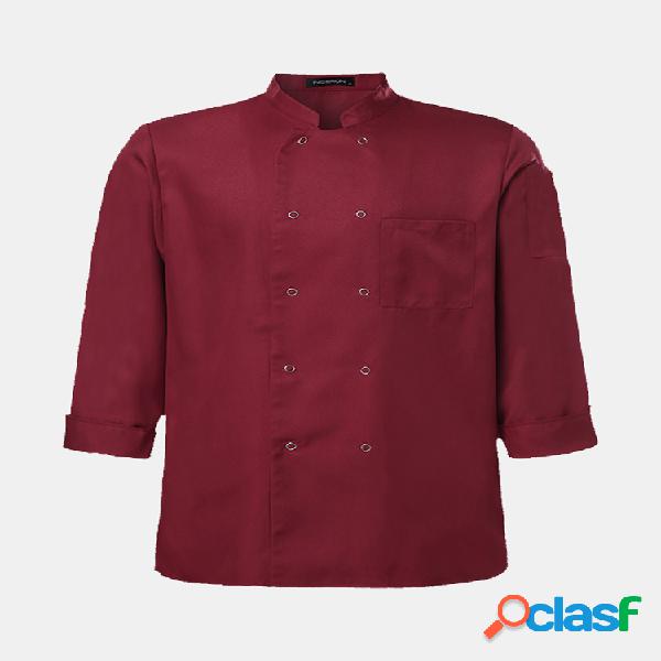 Homens Solid Color Kitchen manga comprida Double Breasted