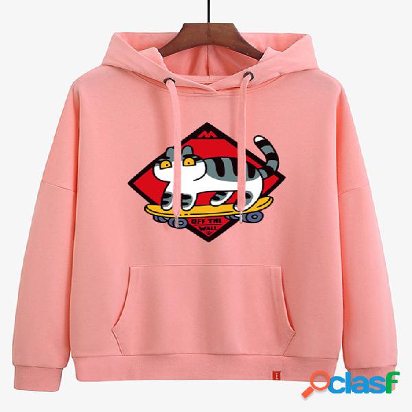 Hoodie de bolso com estampa de gato casual para mulheres