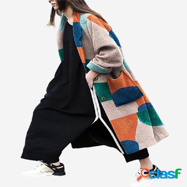 Impresso geométrico patchwork manga comprida bolsos