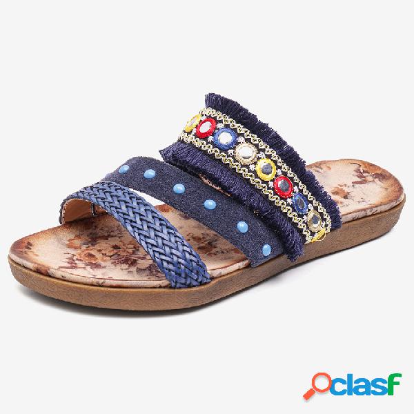 LOSTISY Tassel Bohemia Knitted Flower Printing Aberto Toe