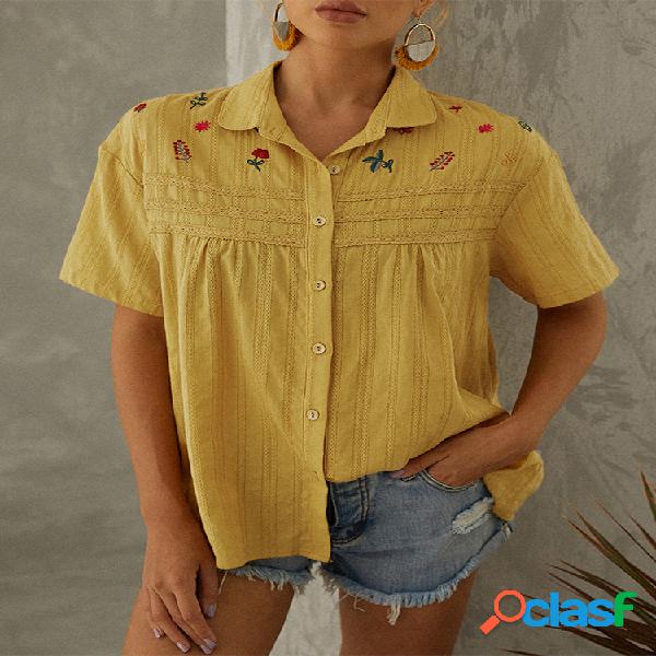 Lace Patchwork bordado oco manga curta Camisa para mulheres