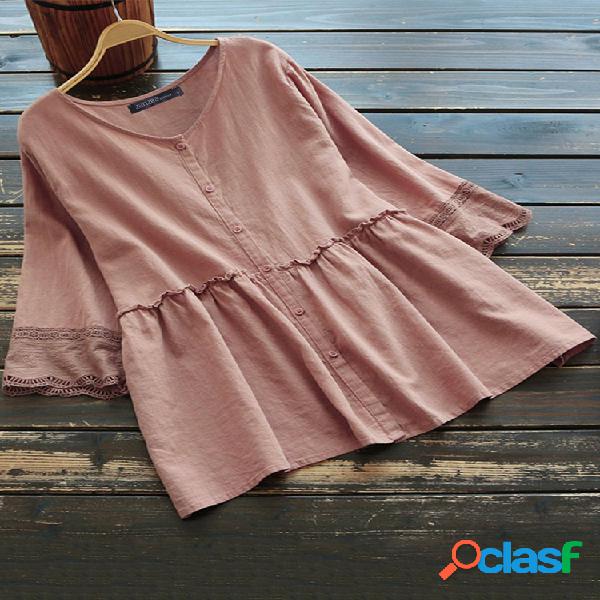 Laço do vintage 3/4 de manga Blusa de Verão