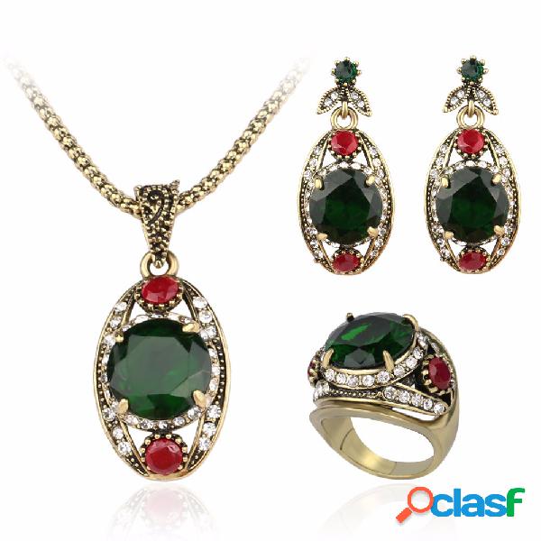 Luxo Pingente de Jóias Set Verde Gemstone Strass Anel