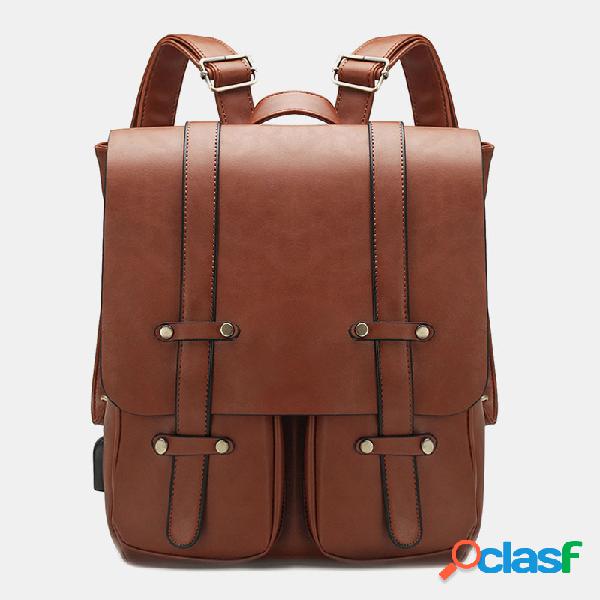 Men Solid Casual Bolsa Flap Mochila de carregamento USB