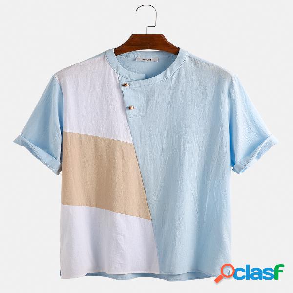 Mens 100% algodão designer contraste cor patchwork casual