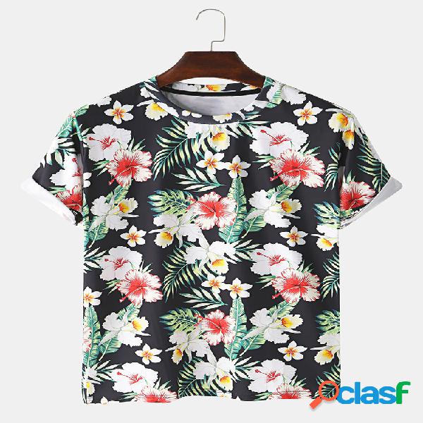 Mens 3D Floral Impresso em torno do pescoço Casual T-shirts