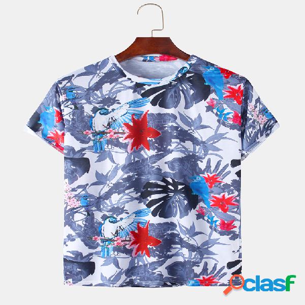 Mens 3D Flowers & Birds Impresso Casual O-neck T-shirts de