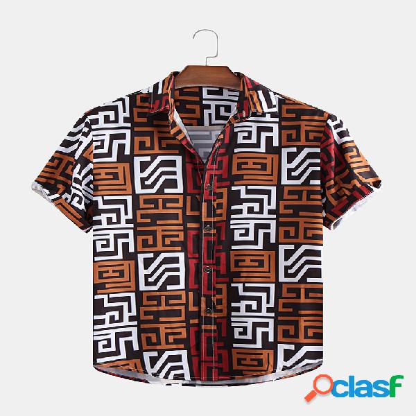 Mens Abstract Hit Color Turn Down Collar Manga curta Camisas