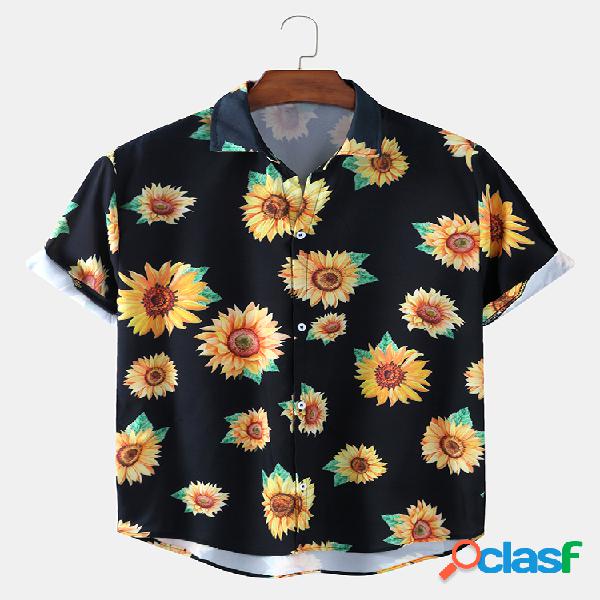 Mens Allover Sunflower Print Light Holiday Causal Camisas de
