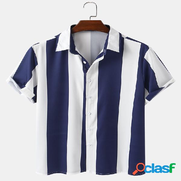 Mens Basic Wide Stripes Print Respirável Light Camisas de