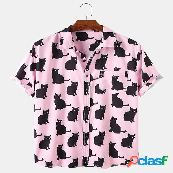 Mens Black Cat Allover Print respirável peito bolso camisas